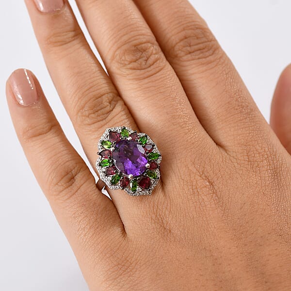 D'Joy Moroccan Amethyst And Multi Gemstone 7.40 Ctw Nature's Empress Ring In Rhodium Over Sterling Silver