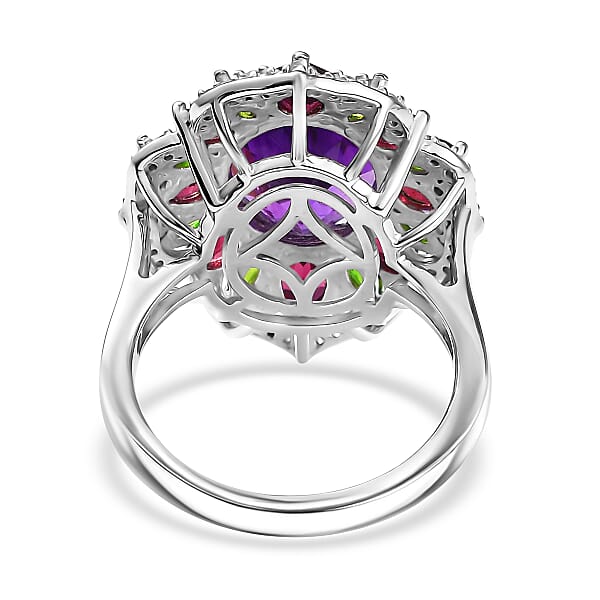 D'Joy Moroccan Amethyst And Multi Gemstone 7.40 Ctw Nature's Empress Ring In Rhodium Over Sterling Silver