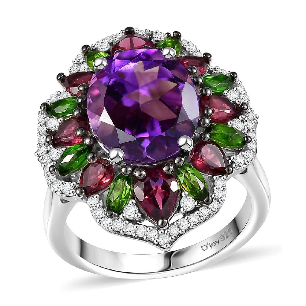 D'Joy Moroccan Amethyst and Multi Gemstone 7.40 ctw Nature's Empress Ring in Rhodium Over Sterling Silver