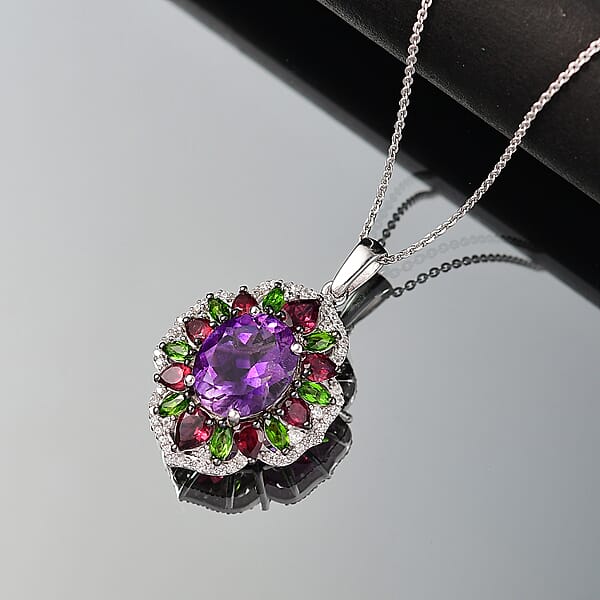 D'Joy Moroccan Amethyst And Multi Gemstone 7.60 Ctw Nature's Empress Pendant Necklace In Rhodium Over Sterling Silver 20 Inches