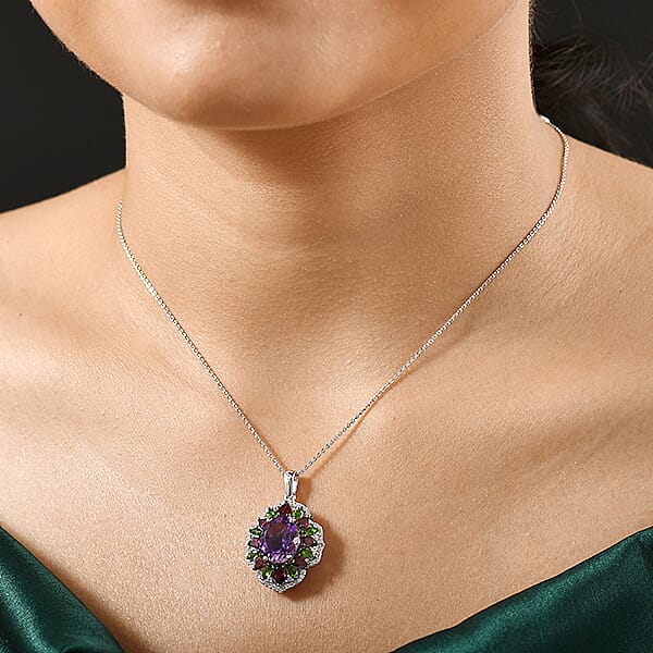 D'Joy Moroccan Amethyst And Multi Gemstone 7.60 Ctw Nature's Empress Pendant Necklace In Rhodium Over Sterling Silver 20 Inches