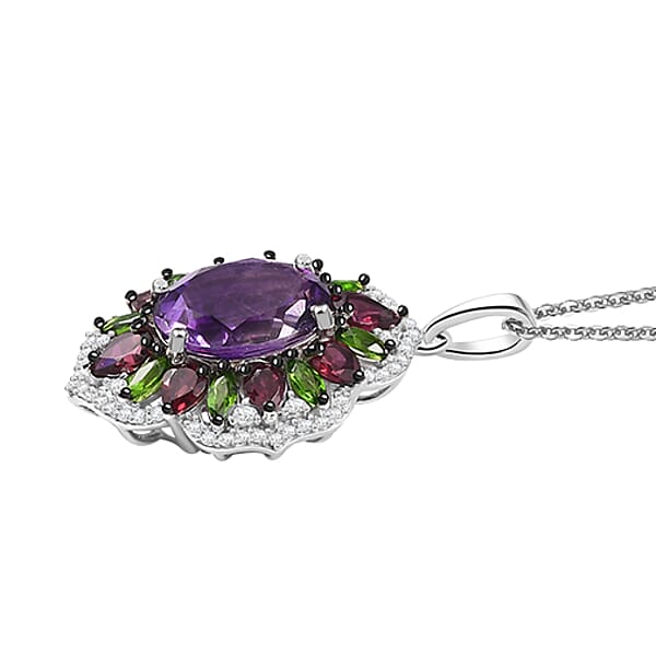 D'Joy Moroccan Amethyst And Multi Gemstone 7.60 Ctw Nature's Empress Pendant Necklace In Rhodium Over Sterling Silver 20 Inches