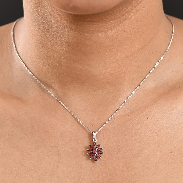 D'Joy Mozambique Garnet 1.20 Ctw Floral Pendant Necklace In Rhodium Over Sterling Silver 20 Inches