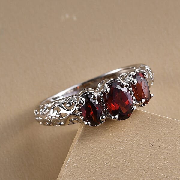 D'Joy Mozambique Garnet 3 Stone Ring In Platinum Over Sterling Silver 1.10 Ctw
