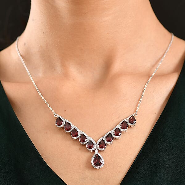 D'Joy Mozambique Garnet And Moissanite 16.10 Ctw Flame Cascade Necklace In Rhodium Over Sterling Silver 18-20 Inches