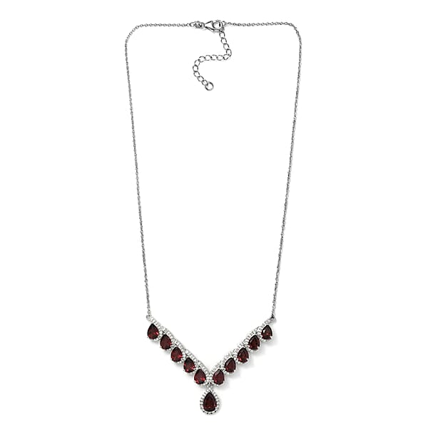 D'Joy Mozambique Garnet And Moissanite 16.10 Ctw Flame Cascade Necklace In Rhodium Over Sterling Silver 18-20 Inches