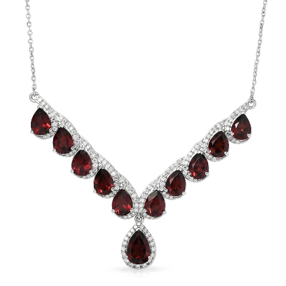 D'Joy Mozambique Garnet and Moissanite 16.10 ctw Flame Cascade Necklace in Rhodium Over Sterling Silver 18-20 Inches