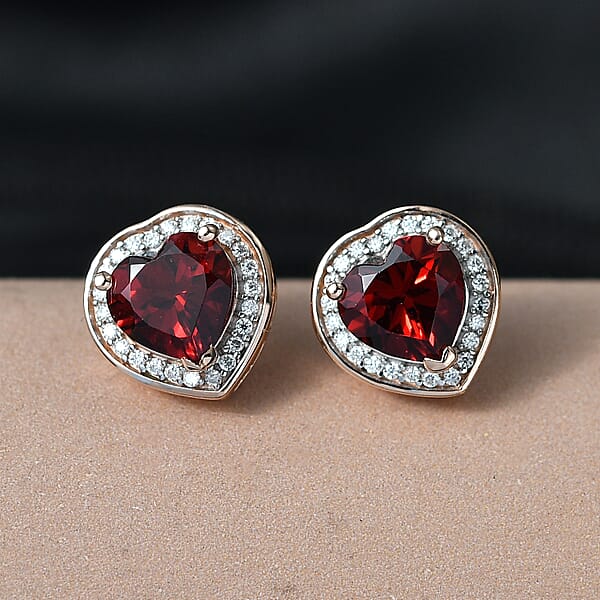 D'Joy Mozambique Garnet And Moissanite 3.00 Ctw Heartfire Glow Earrings In 18K Vermeil Rose Gold Over Sterling Silver