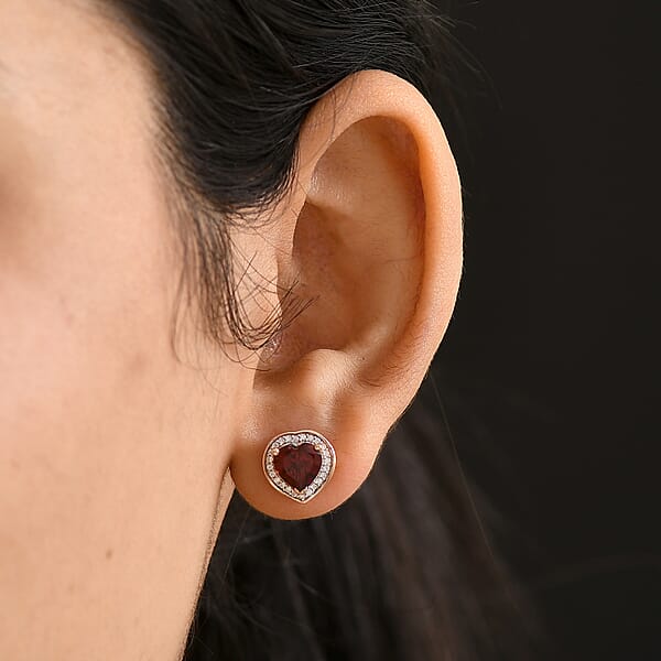 D'Joy Mozambique Garnet And Moissanite 3.00 Ctw Heartfire Glow Earrings In 18K Vermeil Rose Gold Over Sterling Silver