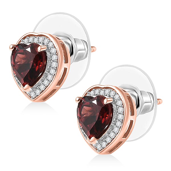D'Joy Mozambique Garnet And Moissanite 3.00 Ctw Heartfire Glow Earrings In 18K Vermeil Rose Gold Over Sterling Silver