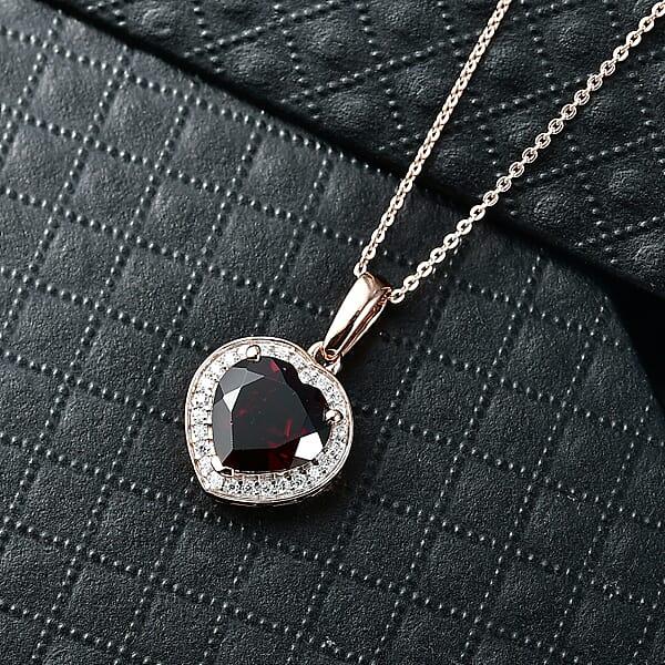 D'Joy Mozambique Garnet And Moissanite 4.00 Ctw Heartfire Glow Pendant Necklace In 18K Vermeil Rose Gold Over Sterling Silver 20 Inches
