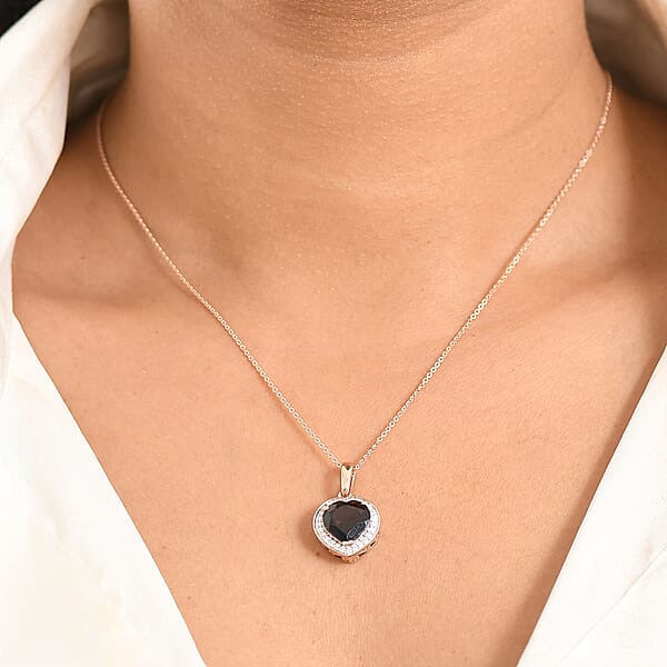 D'Joy Mozambique Garnet And Moissanite 4.00 Ctw Heartfire Glow Pendant Necklace In 18K Vermeil Rose Gold Over Sterling Silver 20 Inches