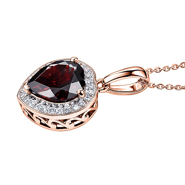 D'Joy Mozambique Garnet And Moissanite 4.00 Ctw Heartfire Glow Pendant Necklace In 18K Vermeil Rose Gold Over Sterling Silver 20 Inches