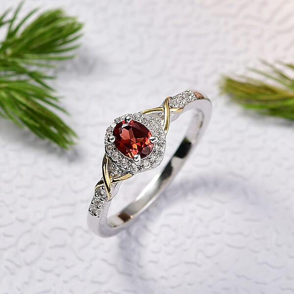 D'Joy Mozambique Garnet And White Zircon 0.65 Ctw Ring In 18K Vermeil YG And Rhodium Over Sterling Silver