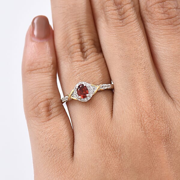 D'Joy Mozambique Garnet And White Zircon 0.65 Ctw Ring In 18K Vermeil YG And Rhodium Over Sterling Silver