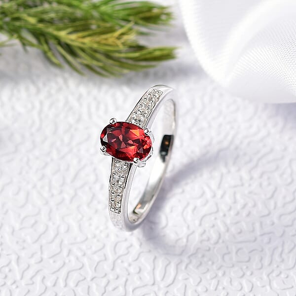 D'Joy Mozambique Garnet And White Zircon 1.25 Ctw Ring In Rhodium Over Sterling Silver