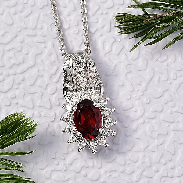 D'Joy Mozambique Garnet And White Zircon 1.35 Ctw Pendant Necklace In Rhodium Over Sterling Silver 20 Inches