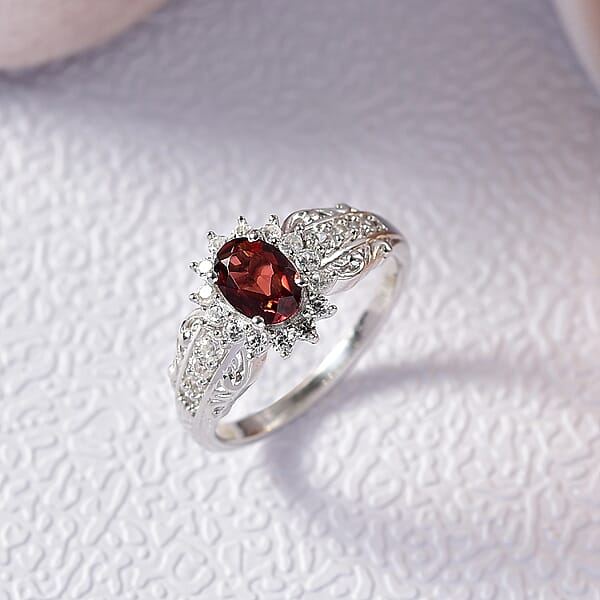 D'Joy Mozambique Garnet And White Zircon 1.50 Ctw Ring In Rhodium Over Sterling Silver