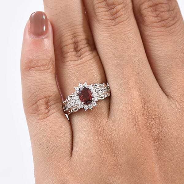 D'Joy Mozambique Garnet And White Zircon 1.50 Ctw Ring In Rhodium Over Sterling Silver