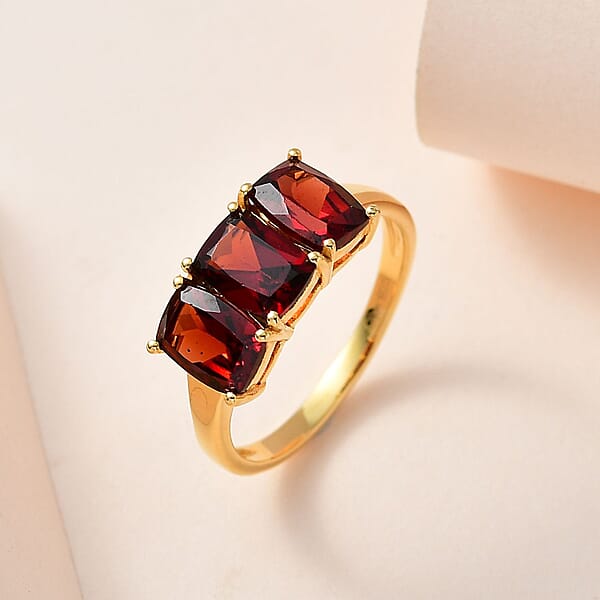 D'Joy Mozambique Garnet Trilogy Ring In 14K YG Over Sterling Silver 3.60 Ctw