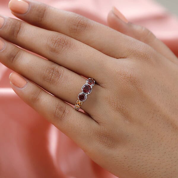 D'Joy Mozambique Garnet Trilogy Ring In Vermeil YG And Platinum Over Sterling Silver 1.30 Ctw