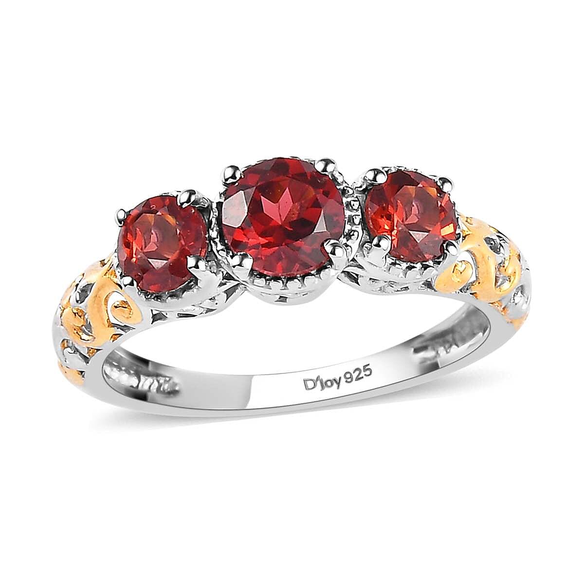 D'Joy Mozambique Garnet Trilogy Ring in Vermeil YG and Platinum Over Sterling Silver 1.30 ctw