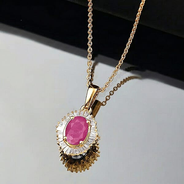 D'Joy Mozambique Ruby And Diamond Pendant Necklace In 18K Vermeil Yellow Gold Over Sterling Silver 20 Inches 1.30 Ctw