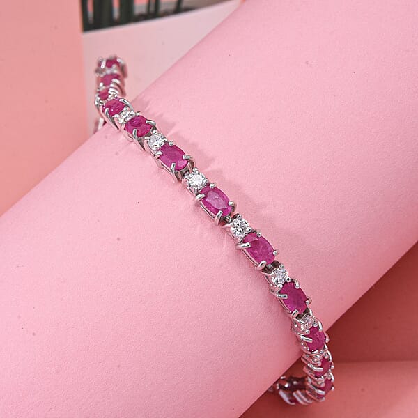 D'Joy Mozambique Ruby And Moissanite 7.50 Ctw Bracelet In Rhodium Over Sterling Silver (7.25 In)