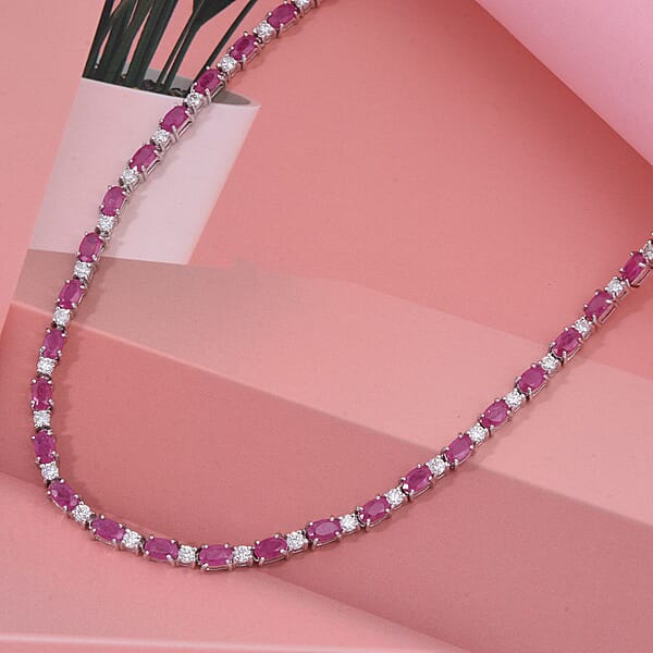 D'Joy Mozambique Ruby And Moissanite 9.40 Ctw Necklace 18 Inches In Rhodium Over Sterling Silver
