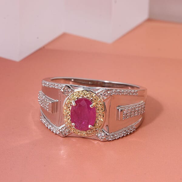 D'Joy Mozambique Ruby And Multi Gemstone 2.15 Ctw Men's Ring In Rhodium Over Sterling Silver