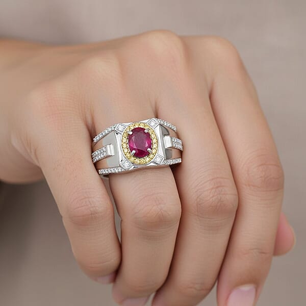 D'Joy Mozambique Ruby And Multi Gemstone 2.15 Ctw Men's Ring In Rhodium Over Sterling Silver