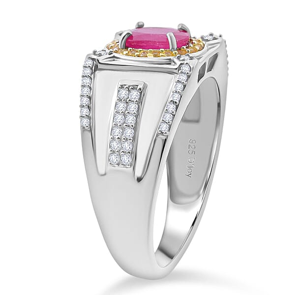 D'Joy Mozambique Ruby And Multi Gemstone 2.15 Ctw Men's Ring In Rhodium Over Sterling Silver