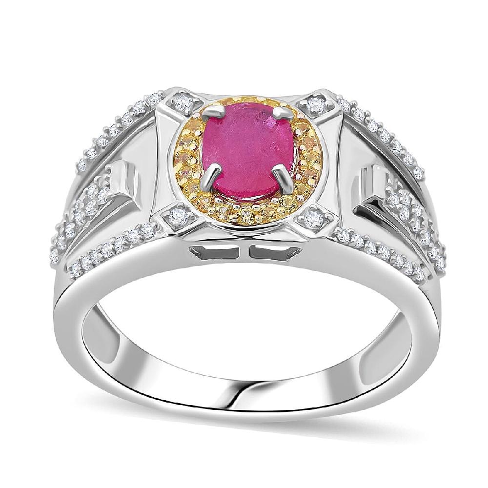 D'Joy Mozambique Ruby and Multi Gemstone 2.15 ctw Men's Ring in Rhodium Over Sterling Silver