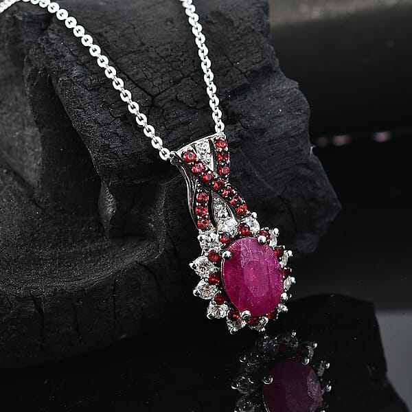 D'Joy Mozambique Ruby And Multi Gemstone 2.30 Ctw Cornflower Pendant Necklace In Rhodium Over Sterling Silver 20 Inches