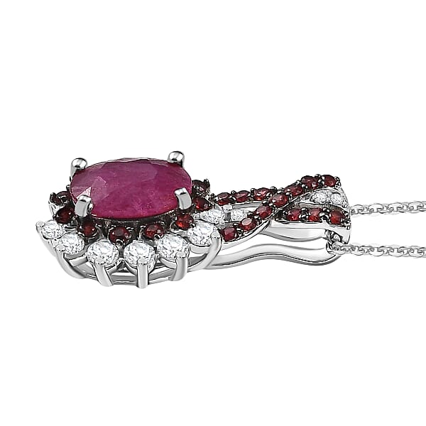 D'Joy Mozambique Ruby And Multi Gemstone 2.30 Ctw Cornflower Pendant Necklace In Rhodium Over Sterling Silver 20 Inches