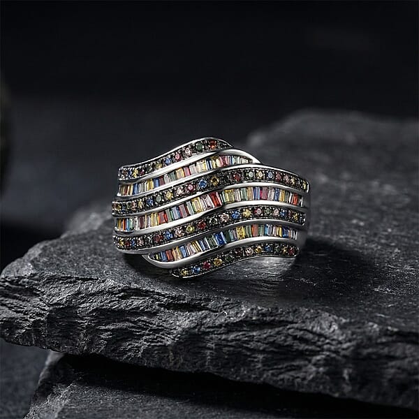 D'Joy Multi Color Diamond 1.00 Ctw Wave Motion Ring In Platinum Over Sterling Silver