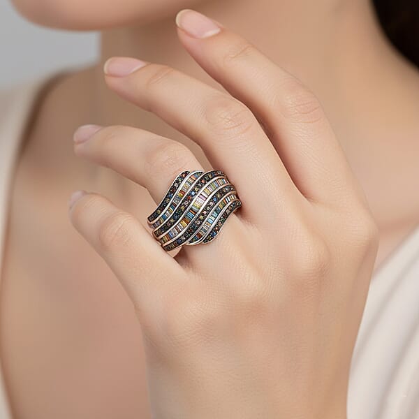 D'Joy Multi Color Diamond 1.00 Ctw Wave Motion Ring In Platinum Over Sterling Silver