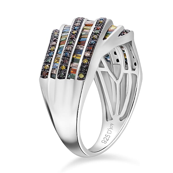 D'Joy Multi Color Diamond 1.00 Ctw Wave Motion Ring In Platinum Over Sterling Silver