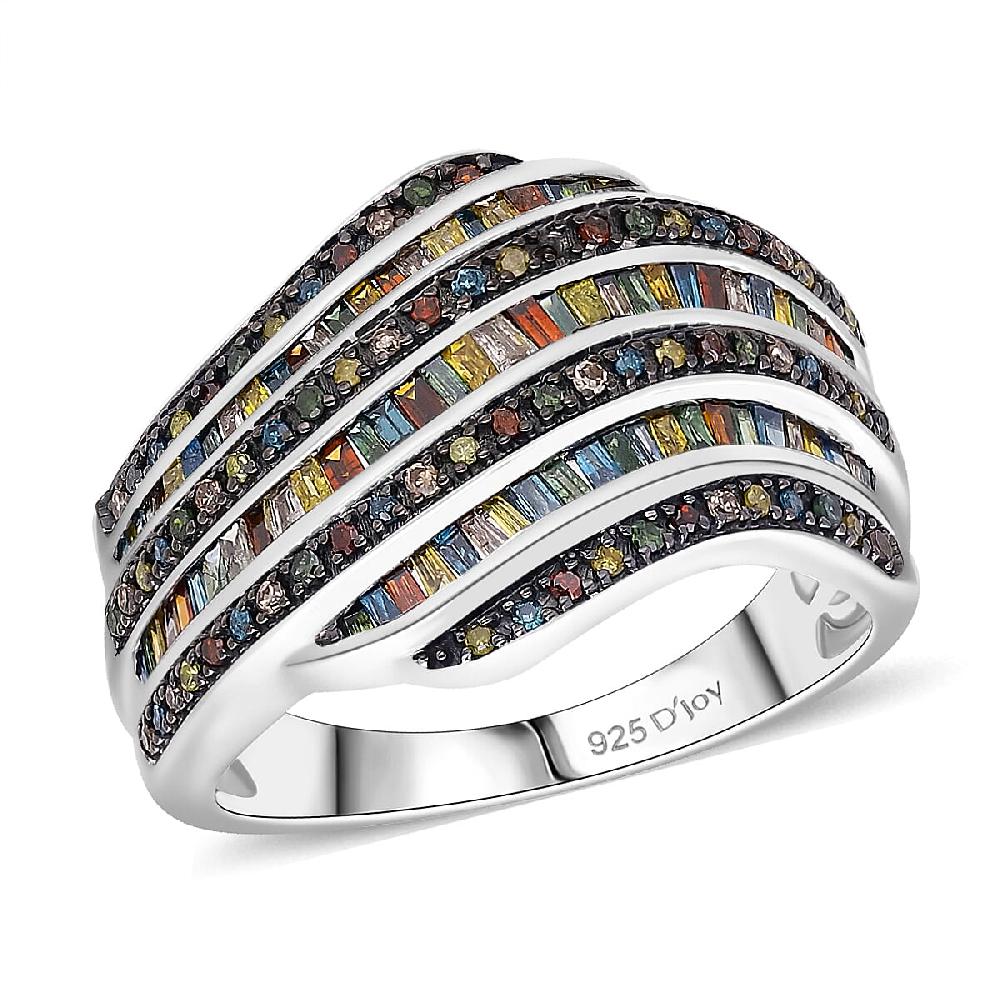 D'Joy Multi Color Diamond 1.00 ctw Wave Motion Ring in Platinum Over Sterling Silver