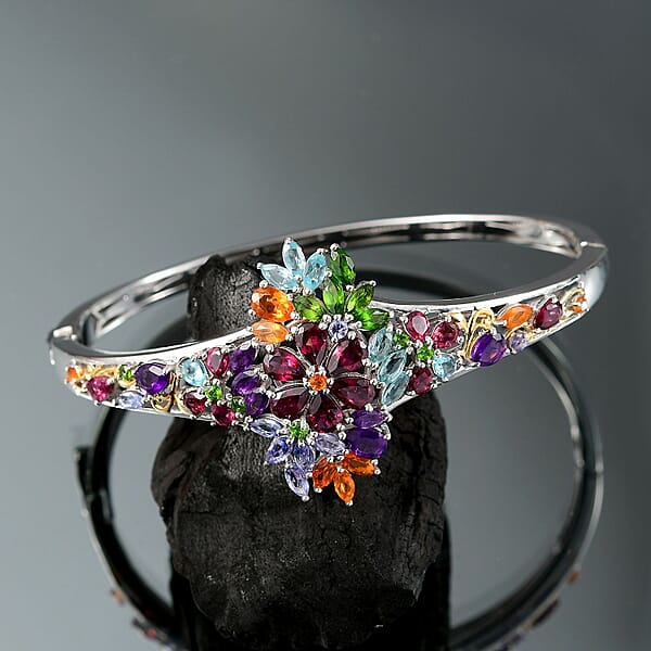 D'Joy Multi Gemstone 10 Ctw Flowers Bouquet Bangle Bracelet In 18K Vermeil YG And Rhodium Over Sterling Silver (7.25 In)