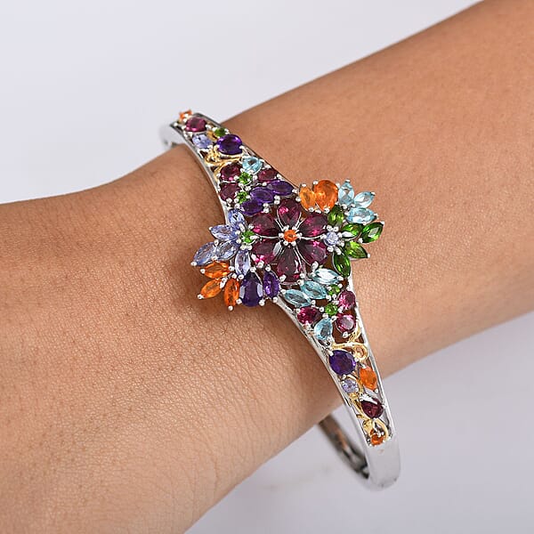 D'Joy Multi Gemstone 10 Ctw Flowers Bouquet Bangle Bracelet In 18K Vermeil YG And Rhodium Over Sterling Silver (7.25 In)
