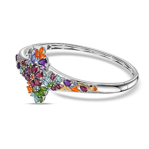D'Joy Multi Gemstone 10 Ctw Flowers Bouquet Bangle Bracelet In 18K Vermeil YG And Rhodium Over Sterling Silver (7.25 In)