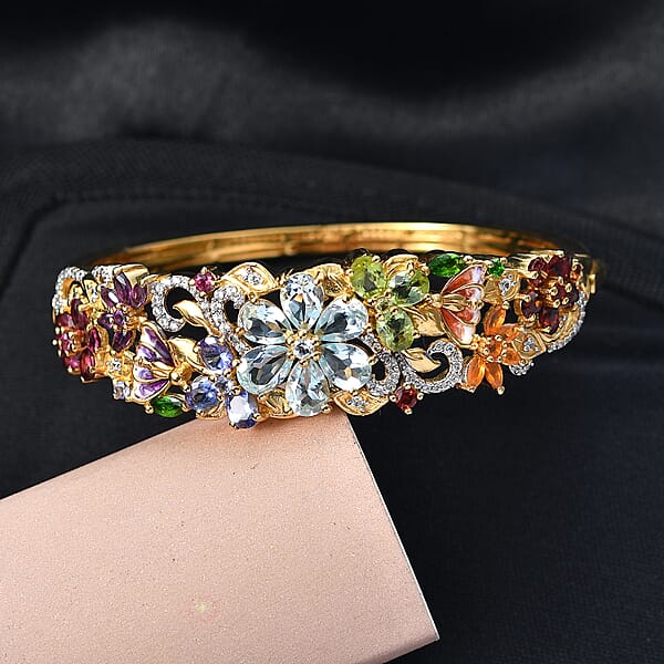 D'Joy Multi Gemstone 11.60 Ctw Blooming Garden Bangle Bracelet In 18K Vermeil Yellow Gold Over Sterling Silver (6.50 In) (Del. In 7-10 Days)