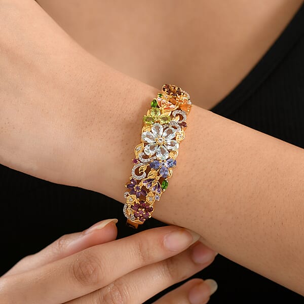 D'Joy Multi Gemstone 11.60 Ctw Blooming Garden Bangle Bracelet In 18K Vermeil Yellow Gold Over Sterling Silver (6.50 In) (Del. In 7-10 Days)