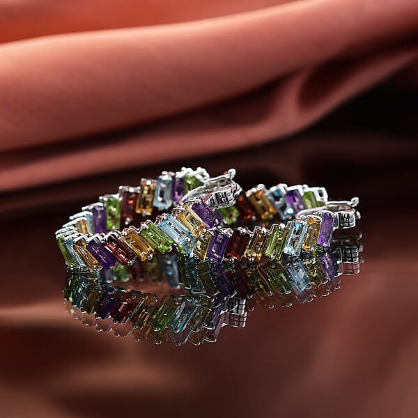 D'Joy Multi Gemstone 15.80 Ctw Hoop Earrings In Rhodium Over Sterling Silver