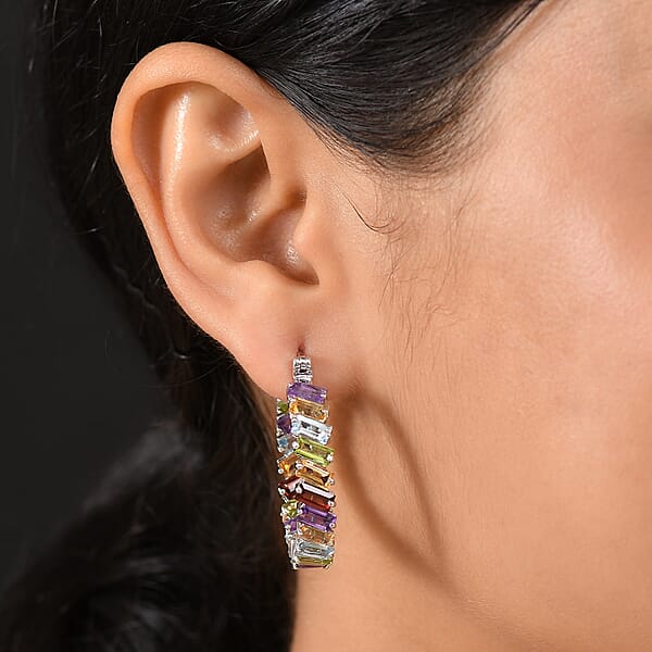 D'Joy Multi Gemstone 15.80 Ctw Hoop Earrings In Rhodium Over Sterling Silver