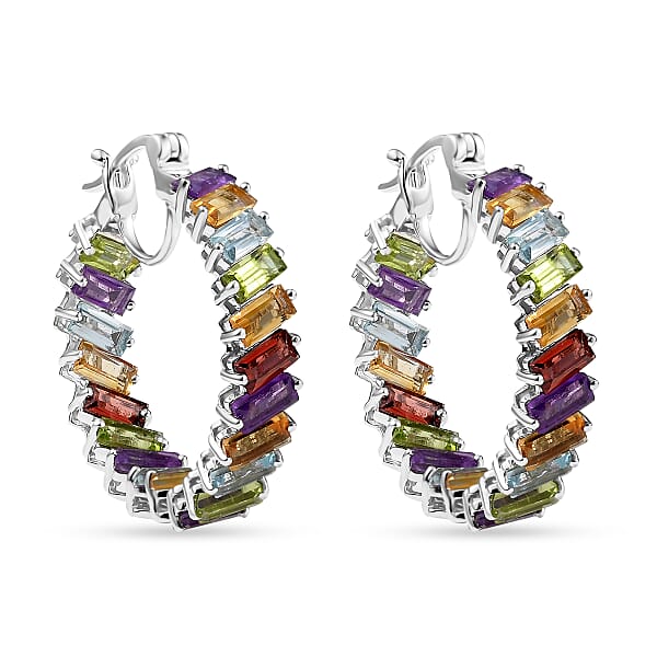 D'Joy Multi Gemstone 15.80 Ctw Hoop Earrings In Rhodium Over Sterling Silver