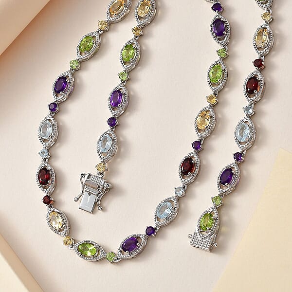 D'Joy Multi Gemstone 15.85 Ctw Necklace 18 Inches In Platinum Over Sterling Silver