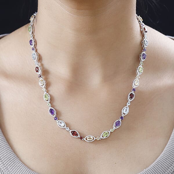 D'Joy Multi Gemstone 15.85 Ctw Necklace 18 Inches In Platinum Over Sterling Silver