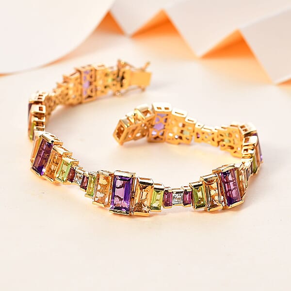 D'Joy Multi Gemstone 30.30 Ctw Bracelet In 18K Vermeil Yellow Gold Over Sterling Silver (7.25 In)
